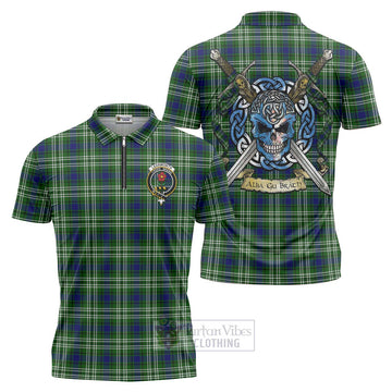 Learmonth Tartan Zipper Polo Shirt with Family Crest Celtic Skull Style