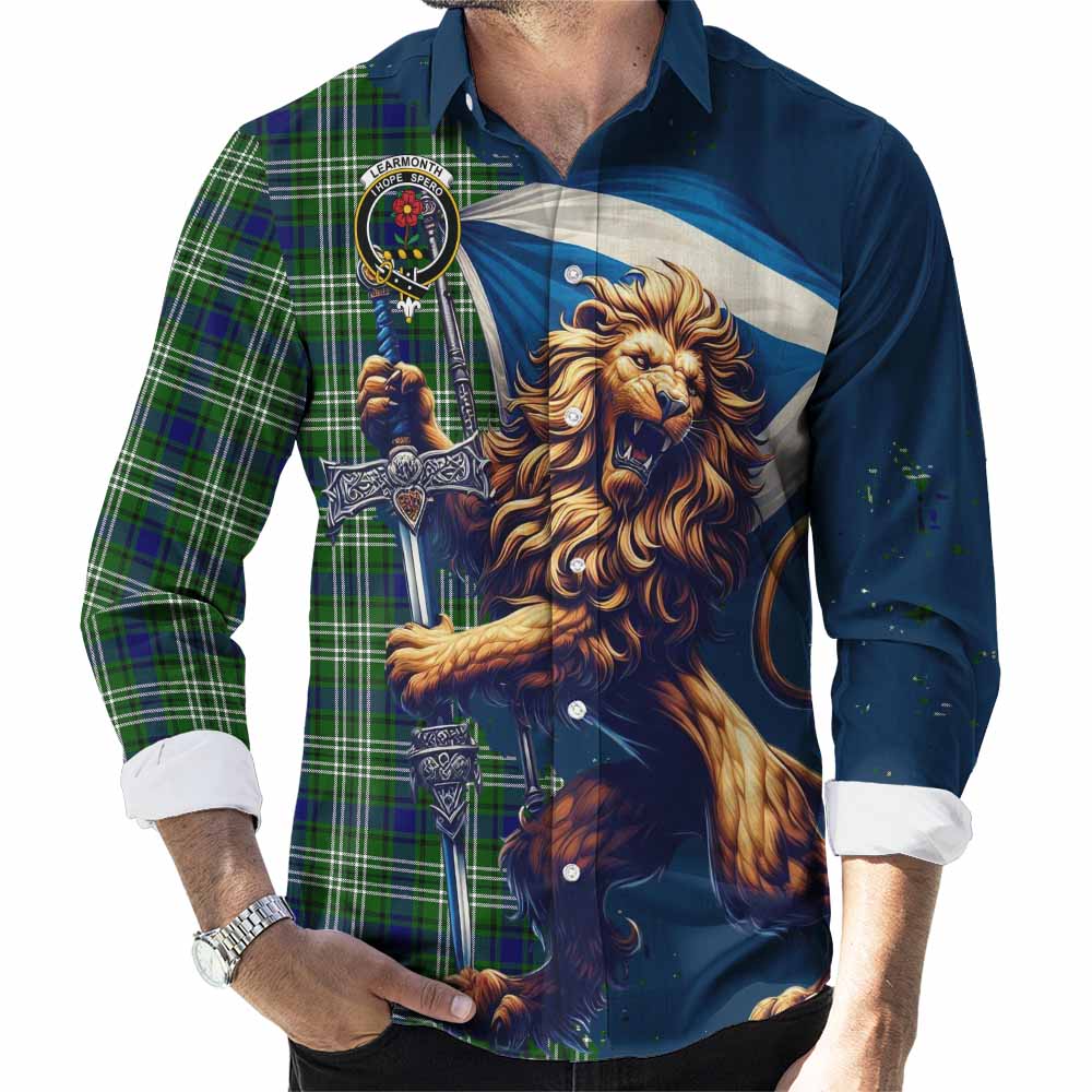 Tartan Vibes Clothing Learmonth Tartan Family Crest Long Sleeve Button Shirt with Scottish Majestic Lion