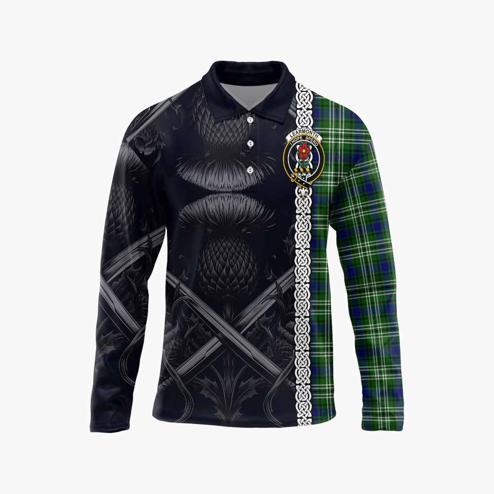 Tartan Vibes Clothing Learmonth Tartan Long Sleeve Polo Shirt with Family Crest Cross Sword Thistle Celtic Vibes