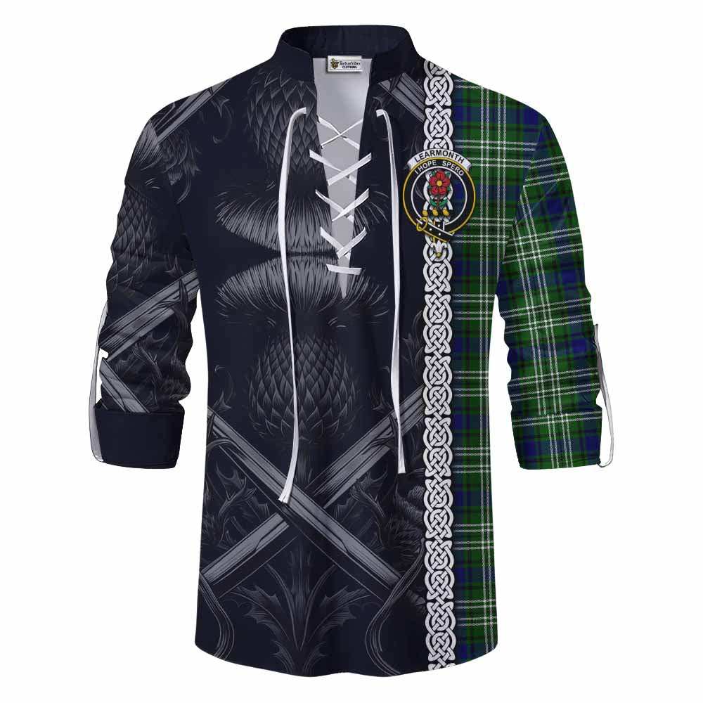 Tartan Vibes Clothing Learmonth Tartan Ghillie Kilt Shirt with Family Crest Cross Sword Thistle Celtic Vibes