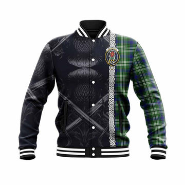 Learmonth Tartan Baseball Jacket with Family Crest Cross Sword Thistle Celtic Vibes