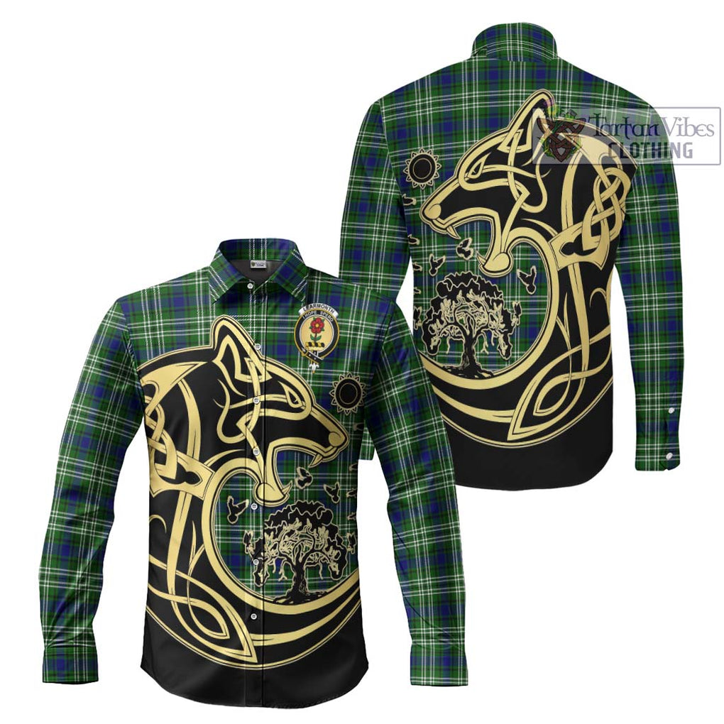 Learmonth Tartan Long Sleeve Button Shirt with Family Crest Celtic Wolf Style Men's Shirt S - Tartan Vibes Clothing