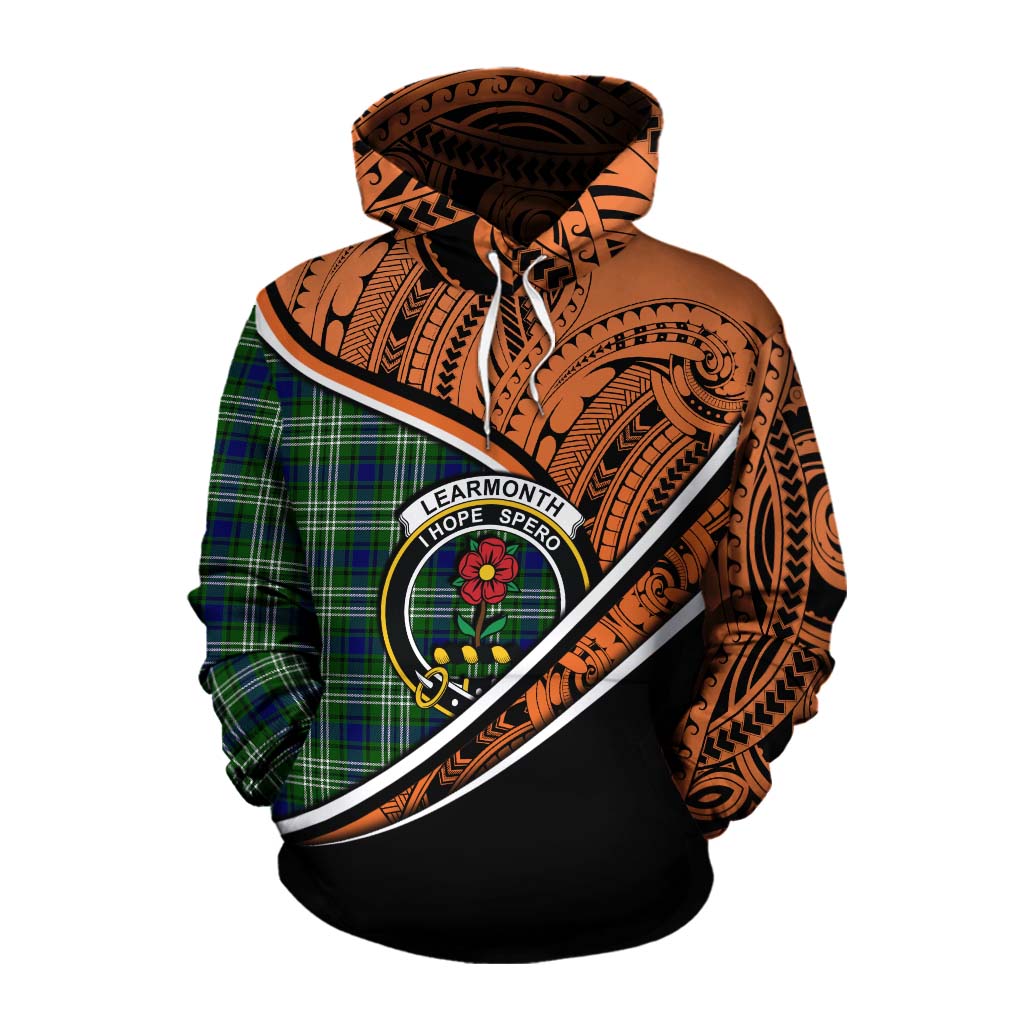 Tartan Vibes Clothing Learmonth Crest Tartan Cotton Hoodie with Maori Tattoo Style - Orange Version