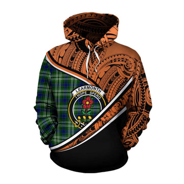 Learmonth Crest Tartan Cotton Hoodie with Polynesian Vibes Style - Orange Version