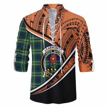 Learmonth Crest Tartan Ghillie Kilt Shirt with Polynesian Vibes Style - Orange Version