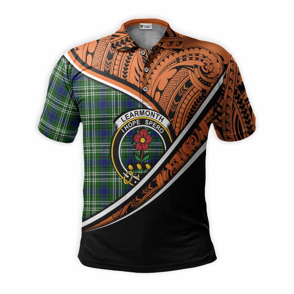 Tartan Vibes Clothing Learmonth Crest Tartan Polo Shirt with Maori Tattoo Style - Orange Version