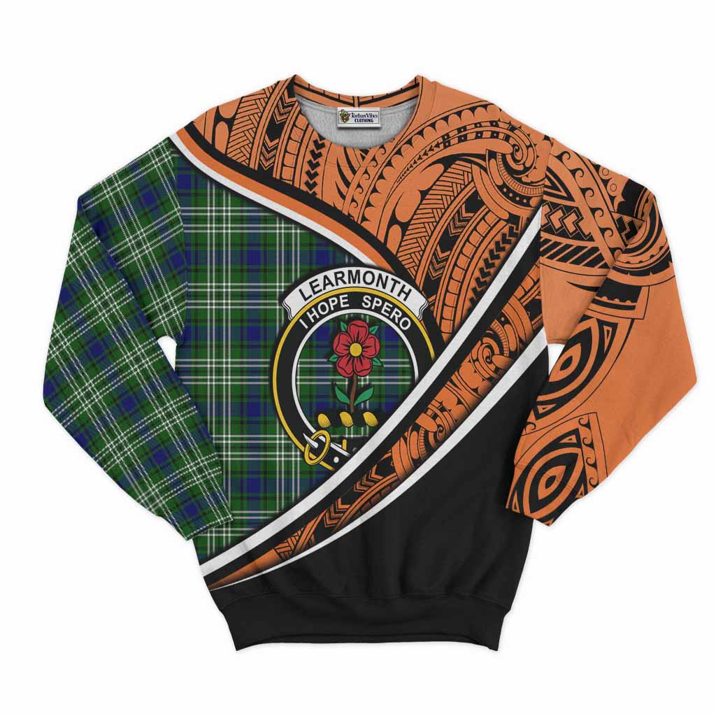 Tartan Vibes Clothing Learmonth Crest Tartan Sweatshirt with Maori Tattoo Style - Orange Version