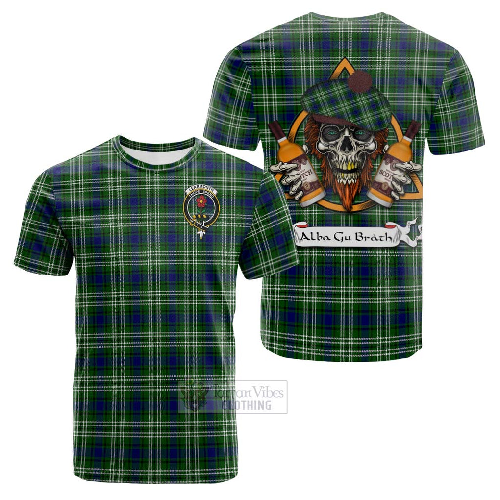 Tartan Vibes Clothing Learmonth Tartan Cotton T-shirt with Family Crest and Bearded Skull Holding Bottles of Whiskey