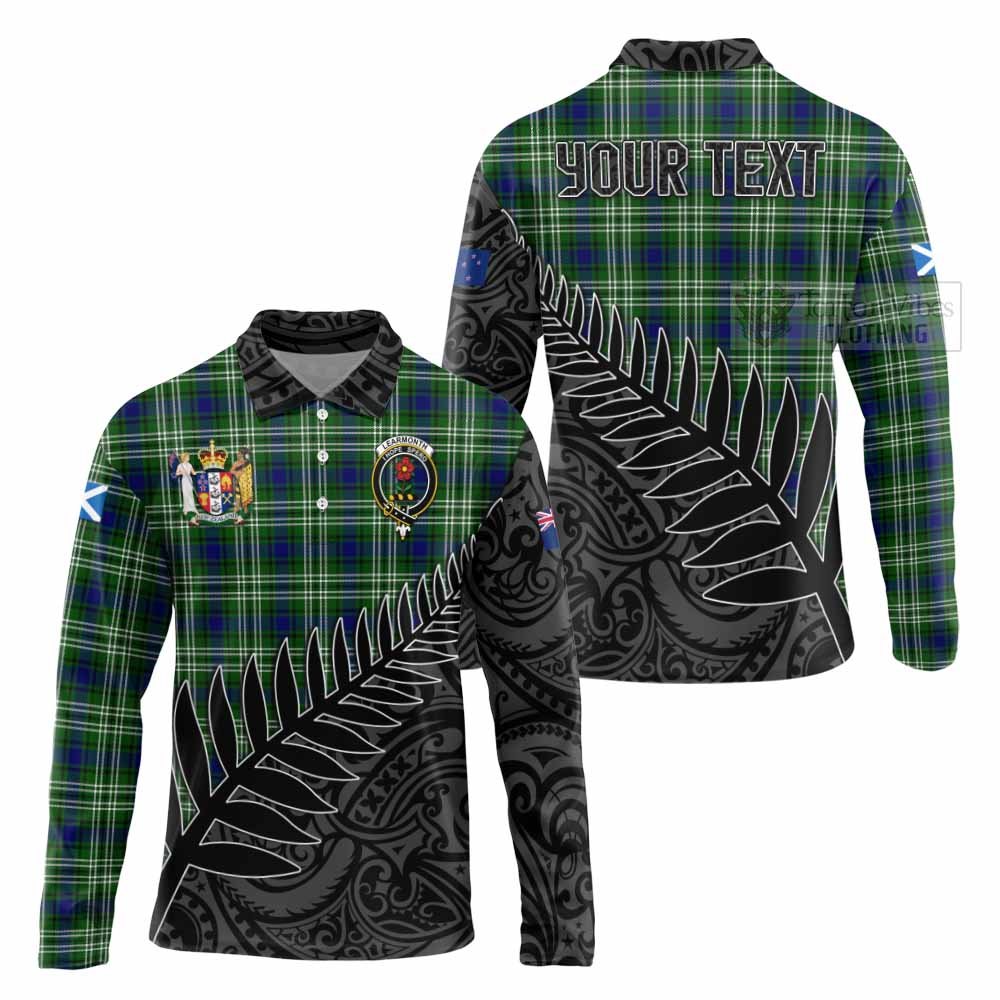 Tartan Vibes Clothing Learmonth Crest Tartan Long Sleeve Polo Shirt with New Zealand Silver Fern Half Style