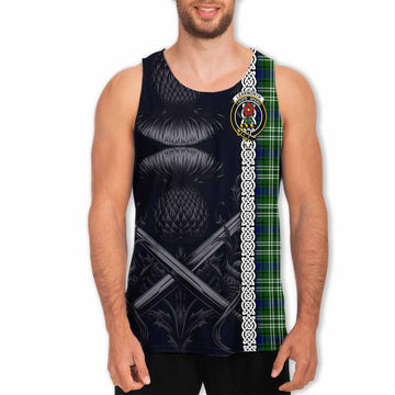 Learmonth Tartan Men's Tank Top with Family Crest Cross Sword Thistle Celtic Vibes