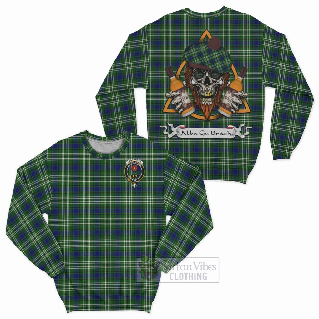 Tartan Vibes Clothing Learmonth Tartan Sweatshirt with Family Crest and Bearded Skull Holding Bottles of Whiskey