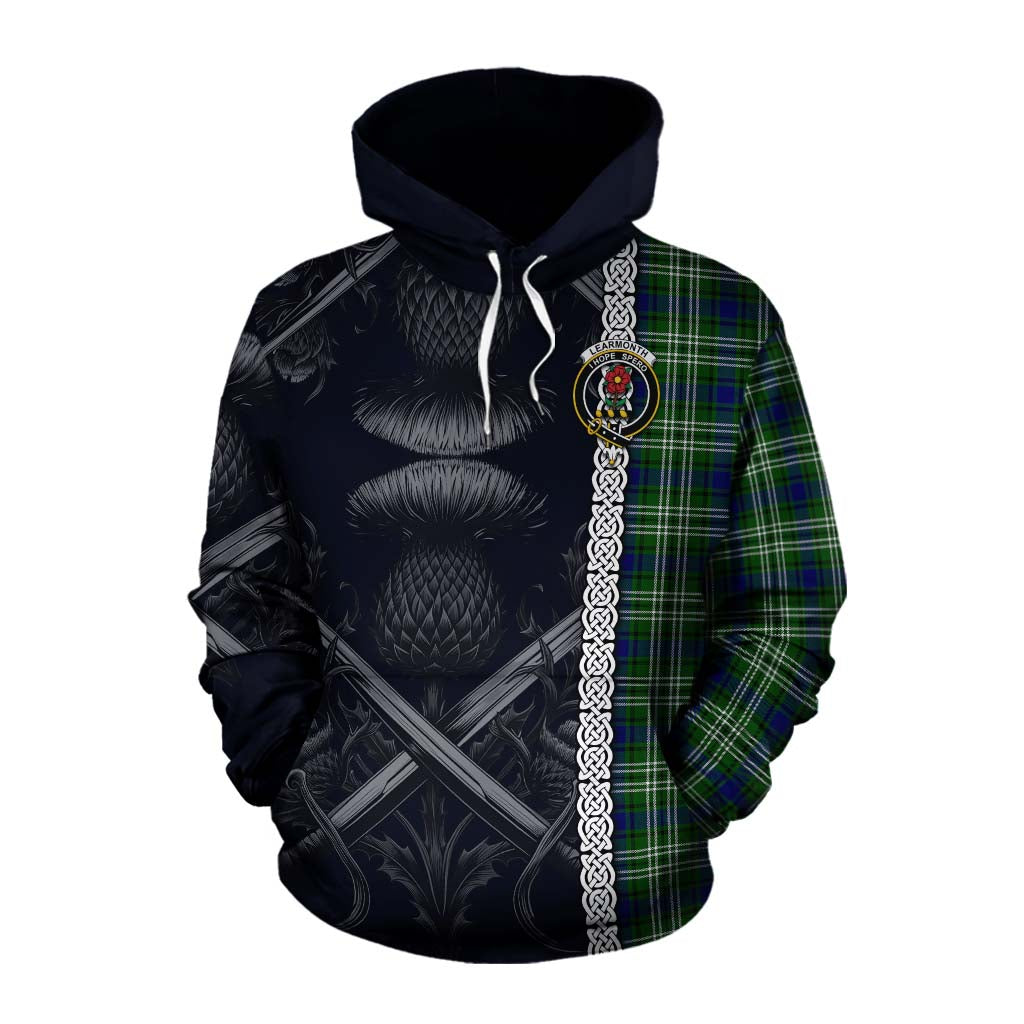 Tartan Vibes Clothing Learmonth Tartan Cotton Hoodie with Family Crest Cross Sword Thistle Celtic Vibes