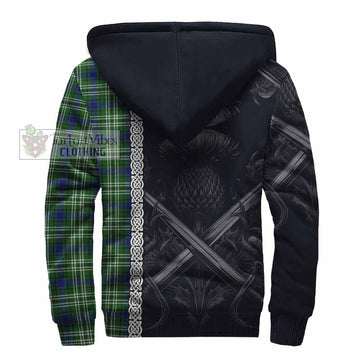 Learmonth Tartan Sherpa Hoodie with Family Crest Cross Sword Thistle Celtic Vibes