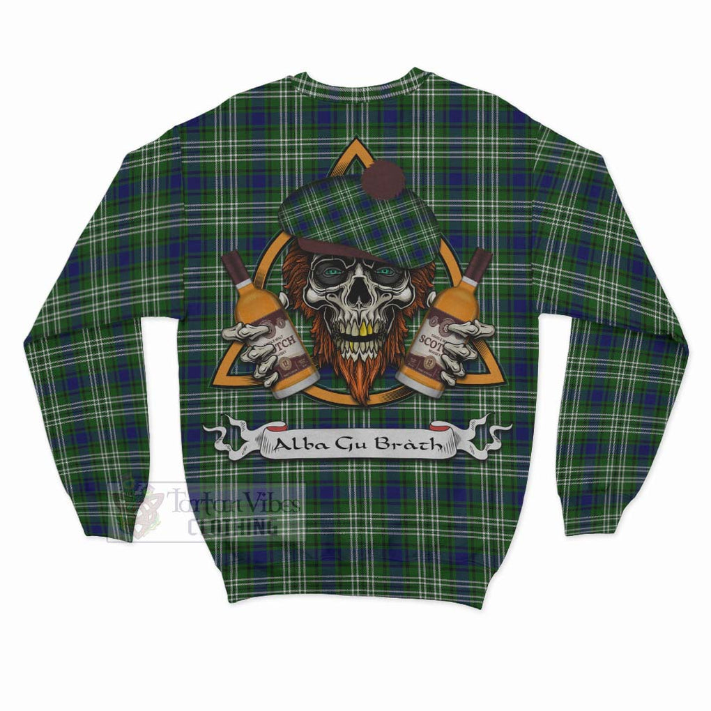 Tartan Vibes Clothing Learmonth Tartan Sweatshirt with Family Crest and Bearded Skull Holding Bottles of Whiskey