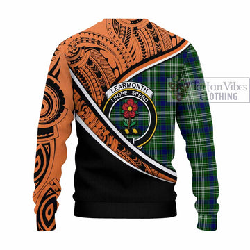 Learmonth Crest Tartan Knitted Sweater with Polynesian Vibes Style - Orange Version