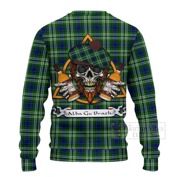 Learmonth Tartan Ugly Sweater with Family Crest and Bearded Skull Holding Bottles of Whiskey