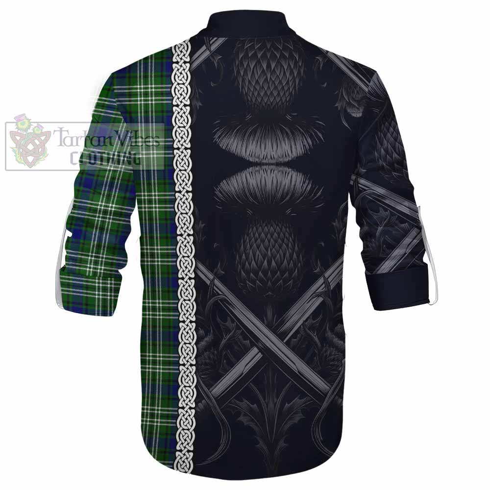 Tartan Vibes Clothing Learmonth Tartan Ghillie Kilt Shirt with Family Crest Cross Sword Thistle Celtic Vibes