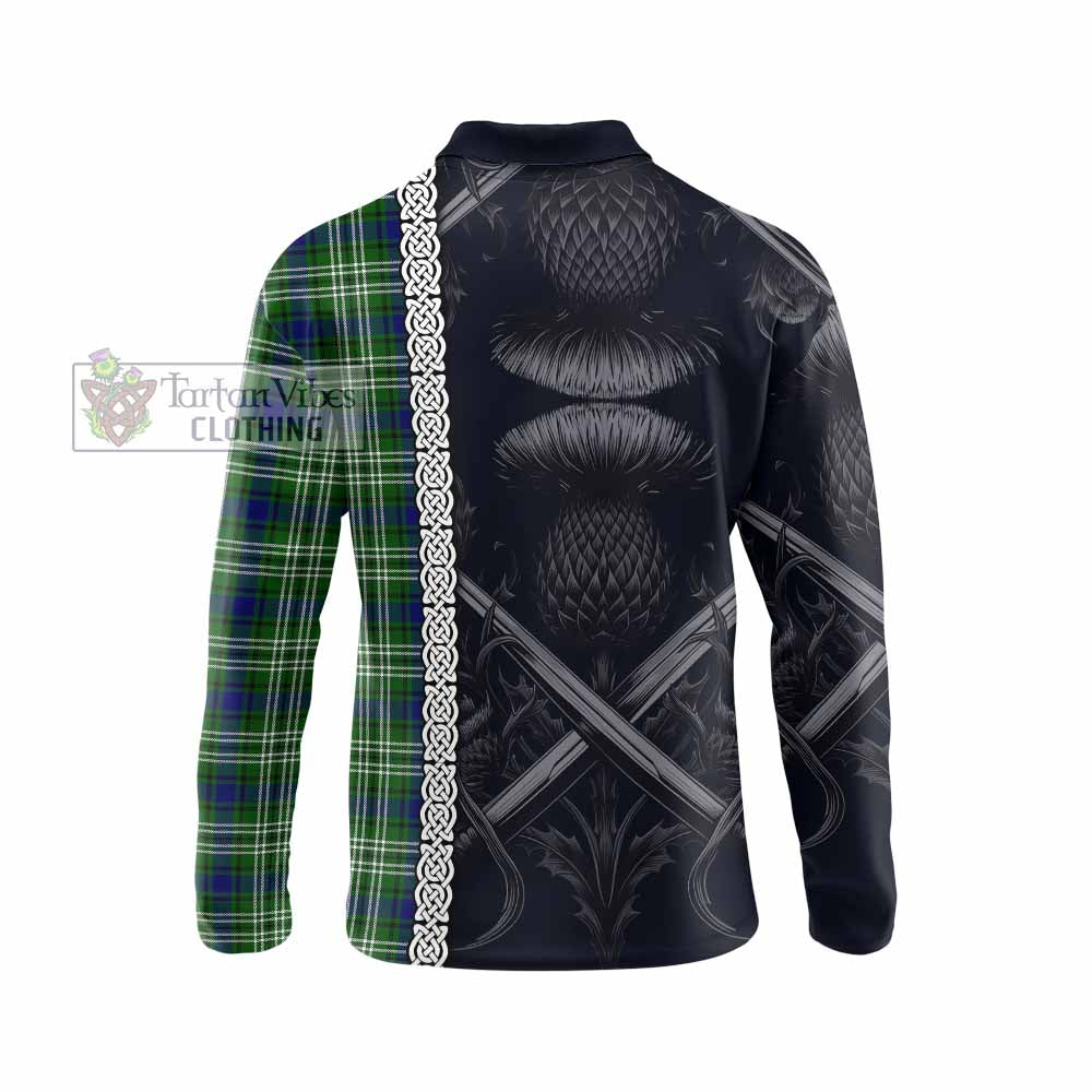 Tartan Vibes Clothing Learmonth Tartan Long Sleeve Polo Shirt with Family Crest Cross Sword Thistle Celtic Vibes