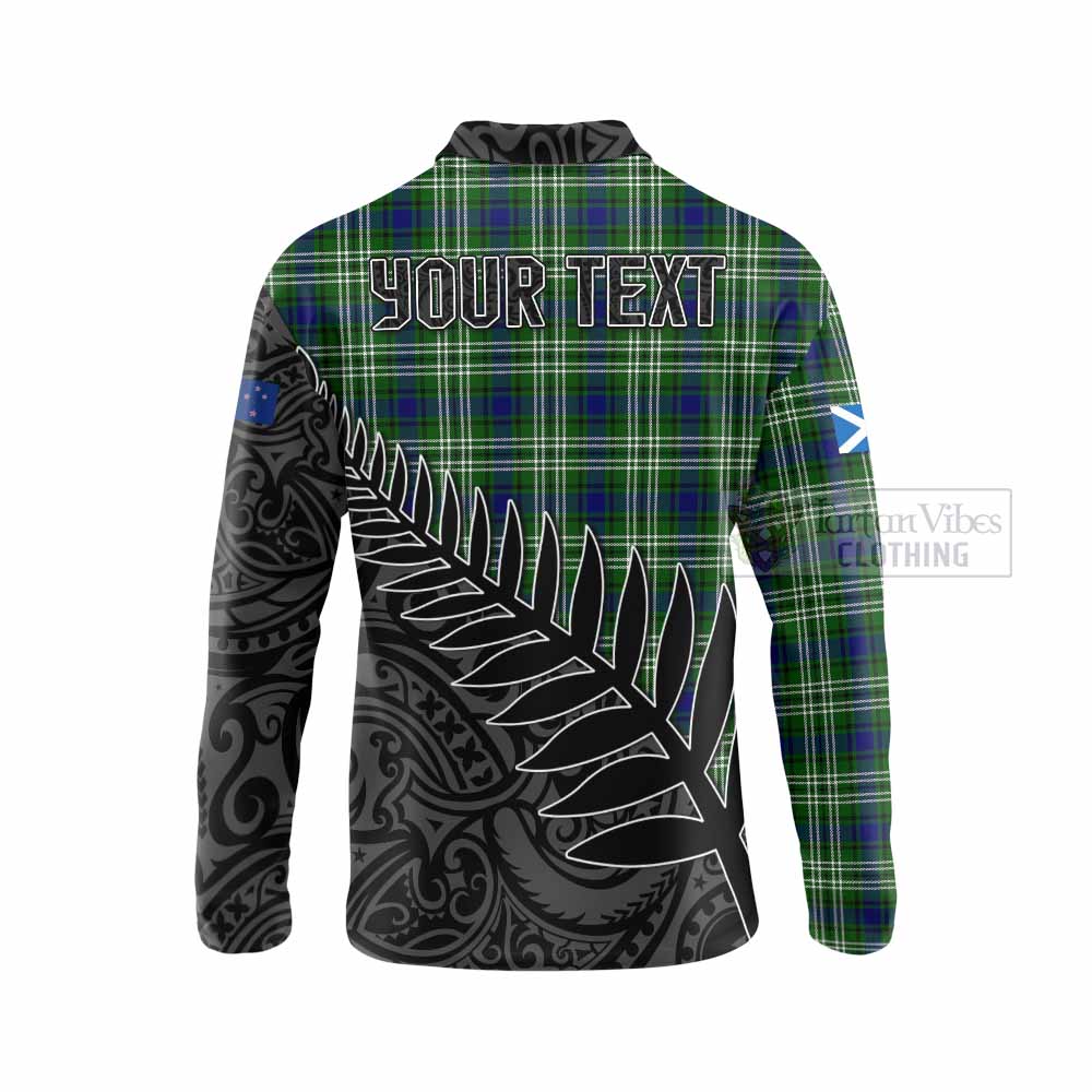 Tartan Vibes Clothing Learmonth Crest Tartan Long Sleeve Polo Shirt with New Zealand Silver Fern Half Style