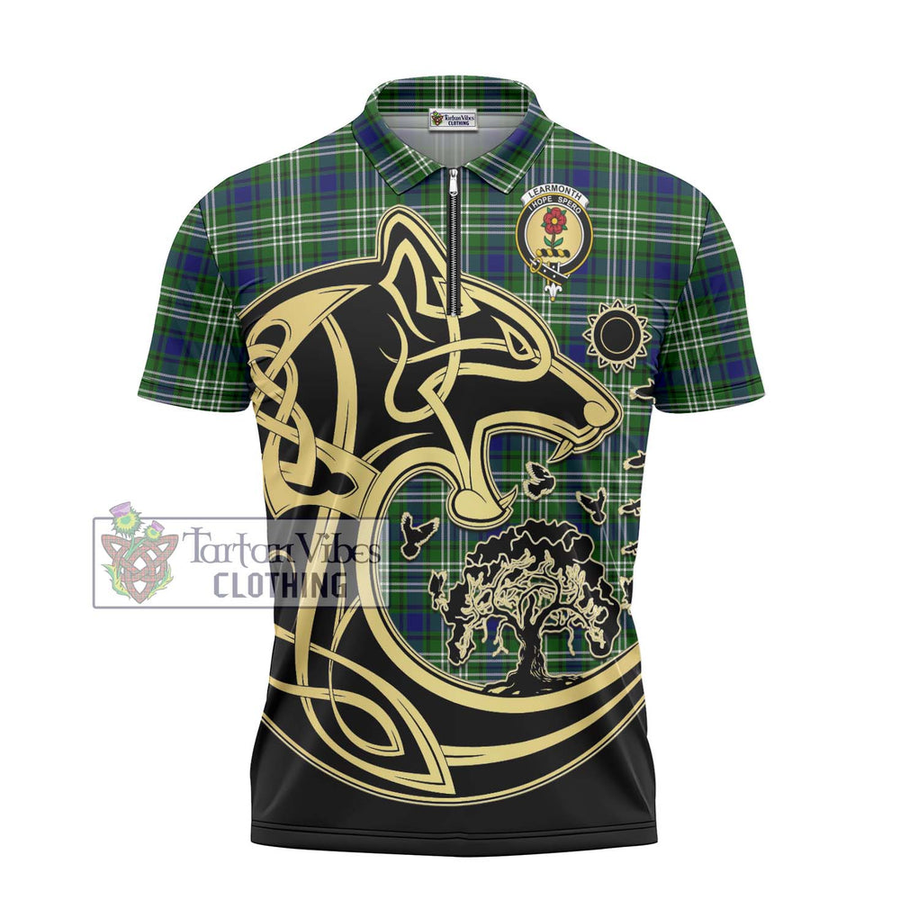 Learmonth Tartan Zipper Polo Shirt with Family Crest Celtic Wolf Style - Tartanvibesclothing Shop