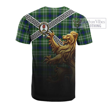 Learmonth Crest Tartan Cotton T-shirt with Golden Lion Emblem Celtic Style - Tartan Vibes Clothing