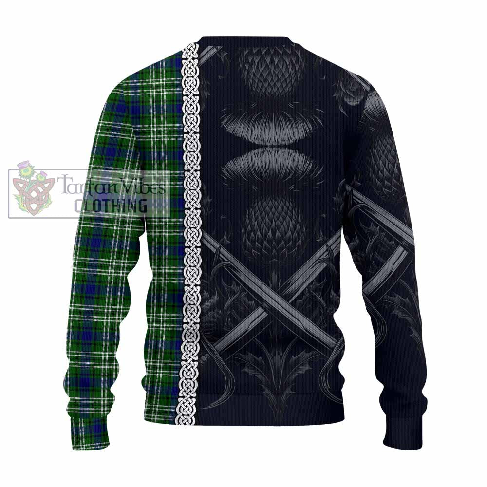 Tartan Vibes Clothing Learmonth Tartan Knitted Sweater with Family Crest Cross Sword Thistle Celtic Vibes