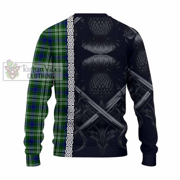 Learmonth Tartan Knitted Sweater with Family Crest Cross Sword Thistle Celtic Vibes