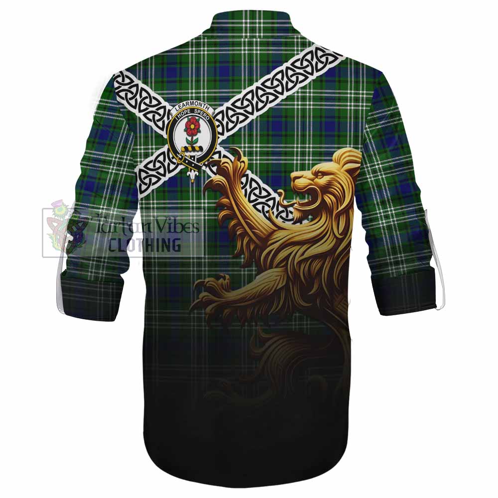 Learmonth Crest Tartan Ghillie Kilt Shirt with Golden Lion Emblem Celtic Style - Tartan Vibes Clothing