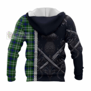 Learmonth Tartan Knitted Hoodie with Family Crest Cross Sword Thistle Celtic Vibes