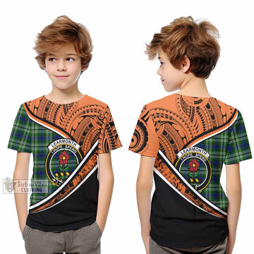 Learmonth Crest Tartan Kid T-Shirt with Polynesian Vibes Style - Orange Version