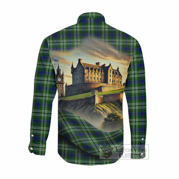 Learmonth Tartan Family Crest Long Sleeve Button Shirt with Scottish Ancient Castle Style Men's Shirt - Tartan Vibes Clothing