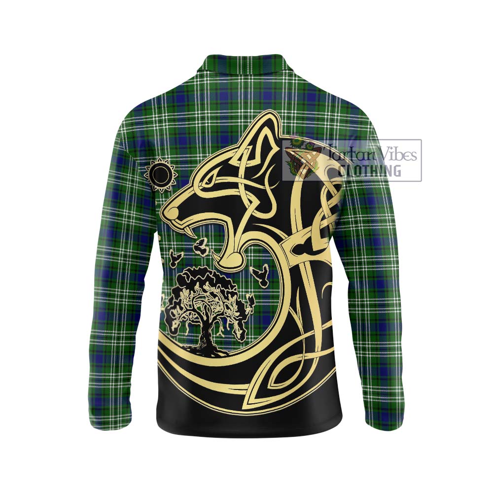 Learmonth Tartan Long Sleeve Polo Shirt with Family Crest Celtic Wolf Style - Tartanvibesclothing Shop