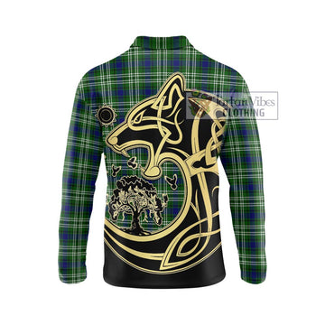 Learmonth Tartan Long Sleeve Polo Shirt with Family Crest Celtic Wolf Style