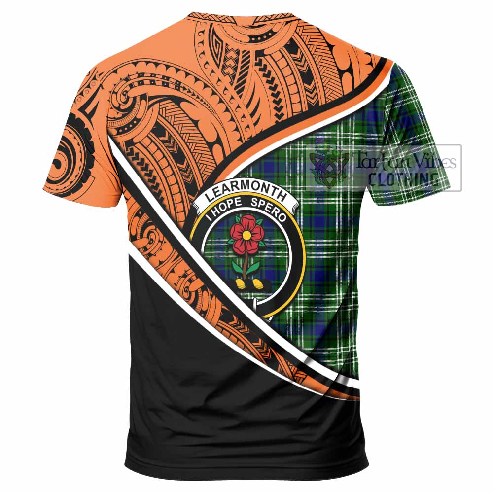 Tartan Vibes Clothing Learmonth Crest Tartan T-Shirt with Maori Tattoo Style - Orange Version