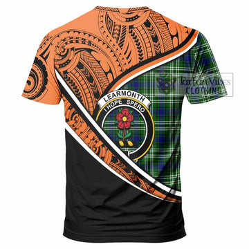 Learmonth Crest Tartan T-Shirt with Polynesian Vibes Style - Orange Version