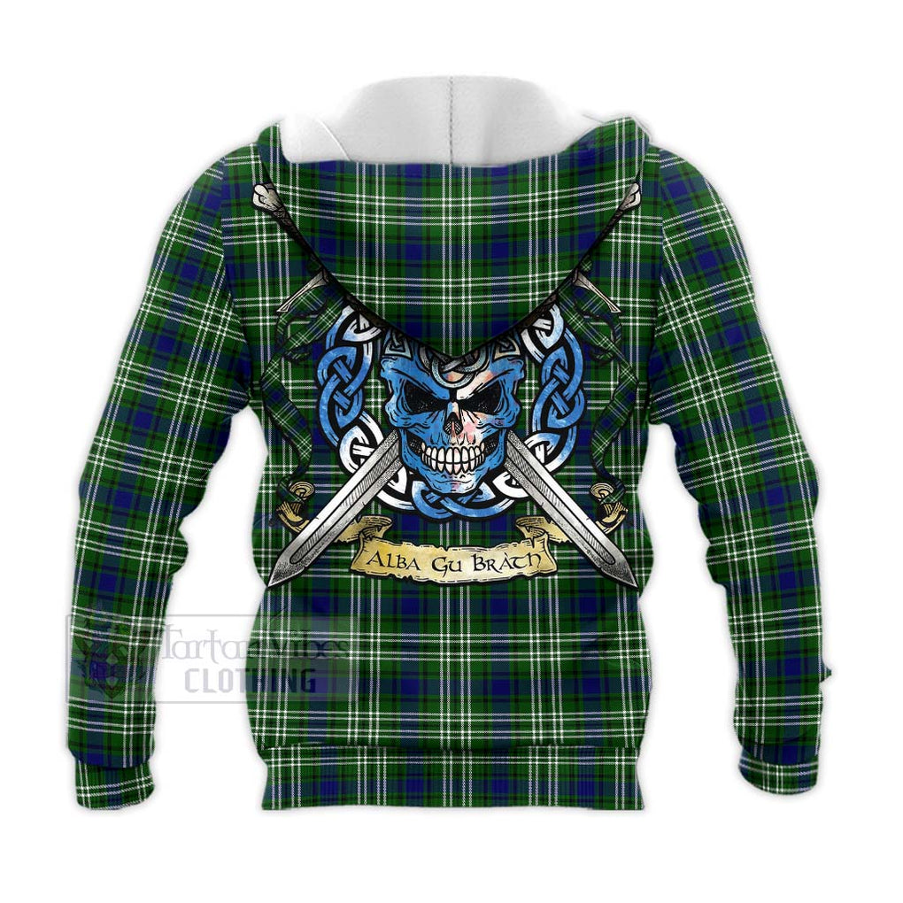 Tartan Vibes Clothing Learmonth Tartan Knitted Hoodie with Family Crest Celtic Skull Style