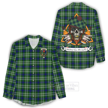 Learmonth Tartan Women's Casual Shirt with Family Crest and Bearded Skull Holding Bottles of Whiskey