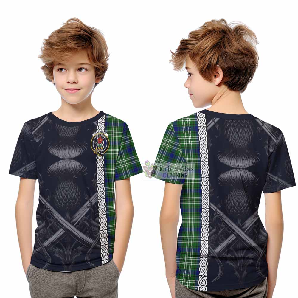 Tartan Vibes Clothing Learmonth Tartan Kid T-Shirt with Family Crest Cross Sword Thistle Celtic Vibes