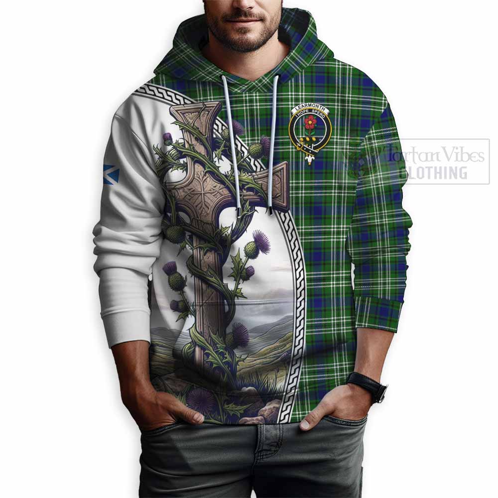 Tartan Vibes Clothing Learmonth Tartan Hoodie with Family Crest and St. Andrew's Cross Accented by Thistle Vines