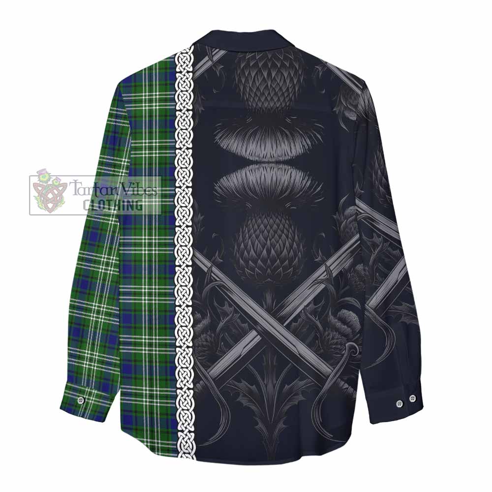 Tartan Vibes Clothing Learmonth Tartan Women's Casual Shirt with Family Crest Cross Sword Thistle Celtic Vibes