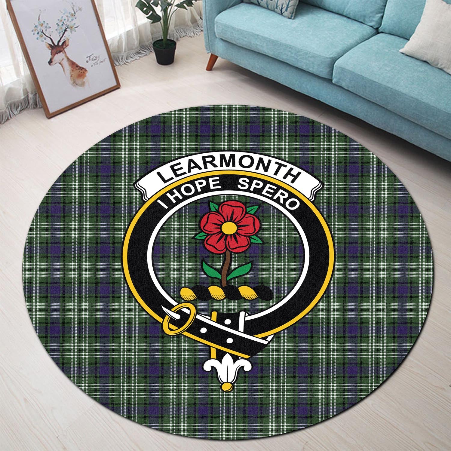 learmonth-tartan-round-rug-with-family-crest