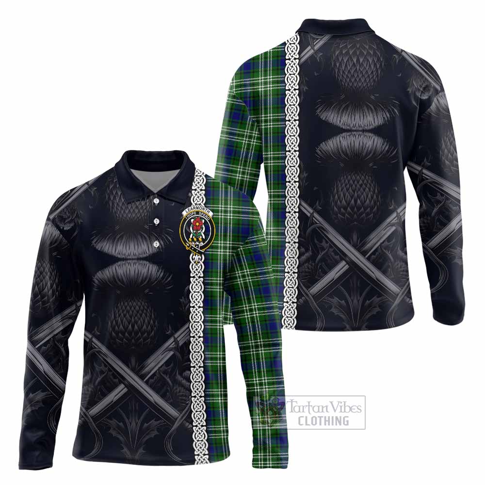 Tartan Vibes Clothing Learmonth Tartan Long Sleeve Polo Shirt with Family Crest Cross Sword Thistle Celtic Vibes