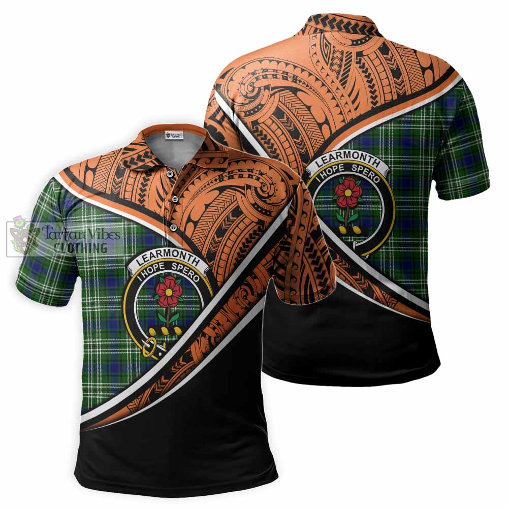 Tartan Vibes Clothing Learmonth Crest Tartan Polo Shirt with Maori Tattoo Style - Orange Version