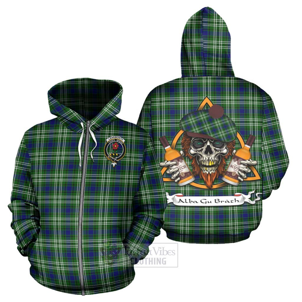 Tartan Vibes Clothing Learmonth Tartan Hoodie with Family Crest and Bearded Skull Holding Bottles of Whiskey