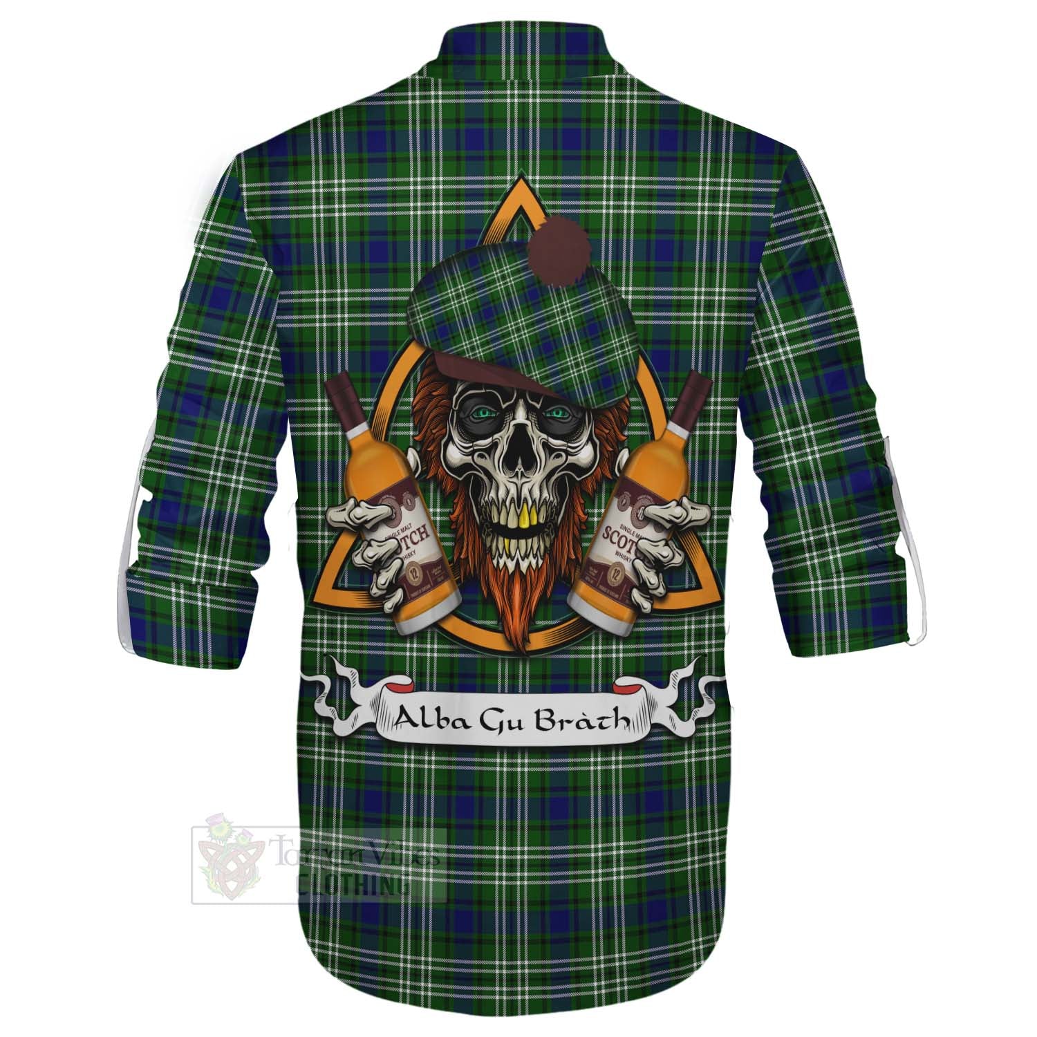 Tartan Vibes Clothing Learmonth Tartan Ghillie Kilt Shirt with Family Crest and Bearded Skull Holding Bottles of Whiskey