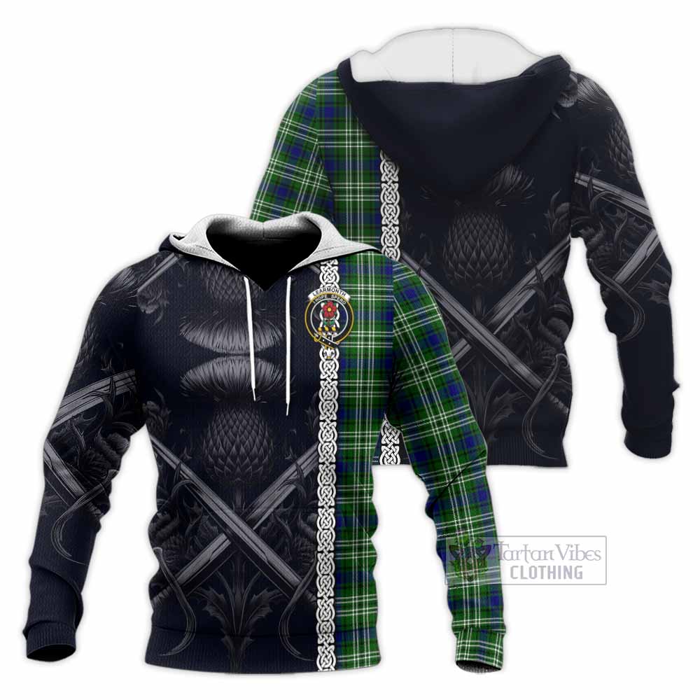 Tartan Vibes Clothing Learmonth Tartan Knitted Hoodie with Family Crest Cross Sword Thistle Celtic Vibes