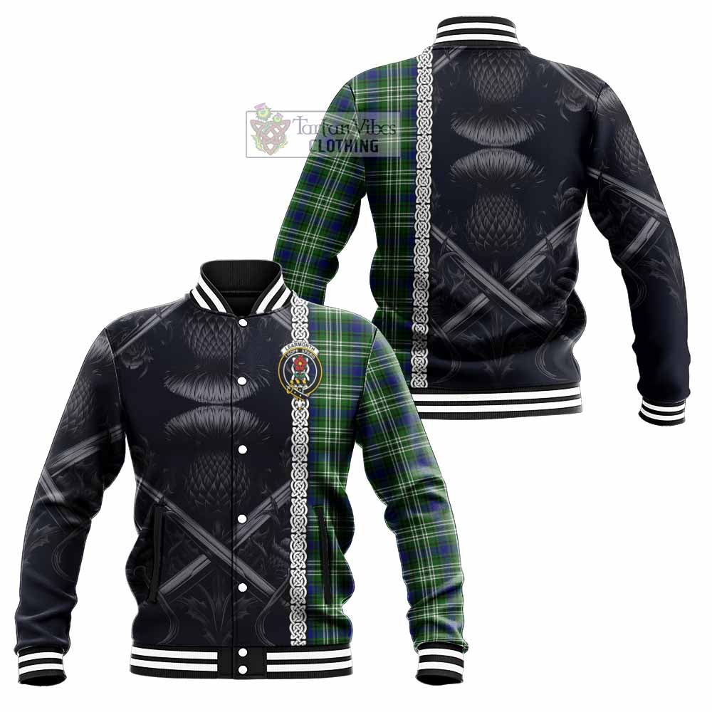 Tartan Vibes Clothing Learmonth Tartan Baseball Jacket with Family Crest Cross Sword Thistle Celtic Vibes