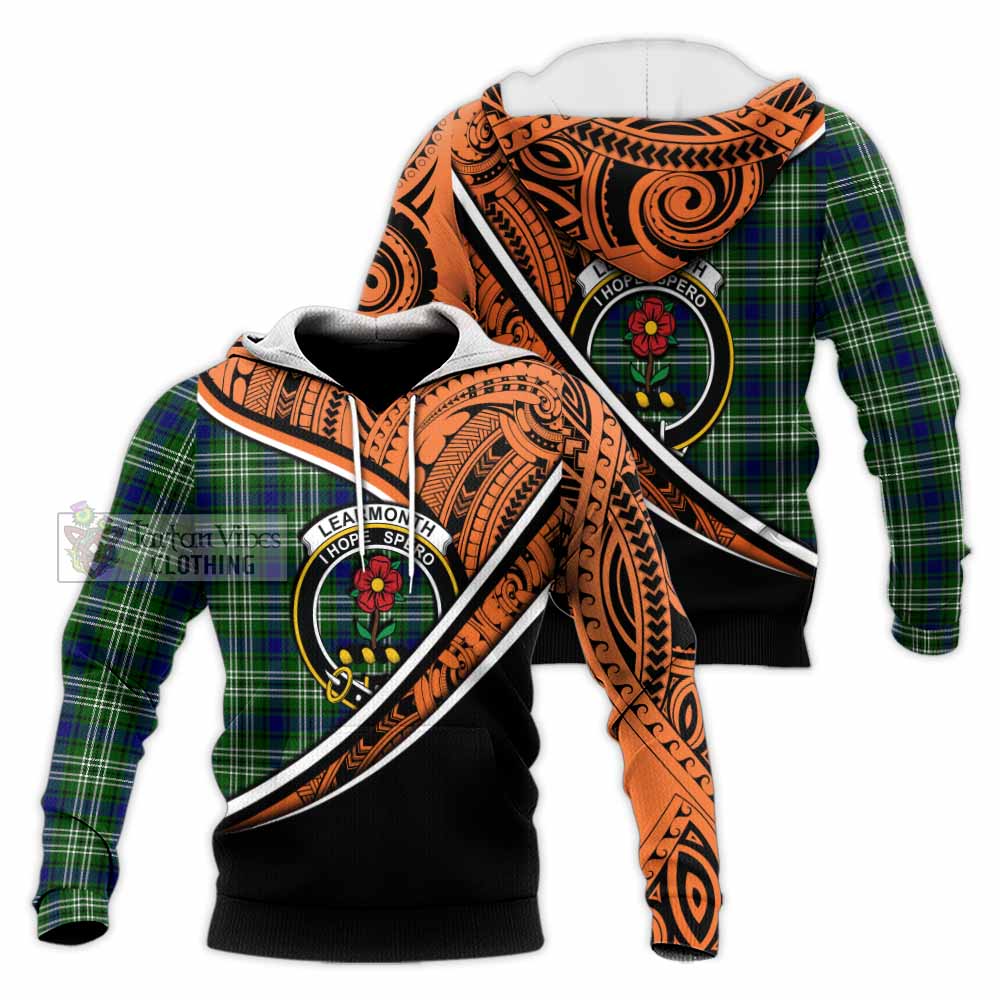 Tartan Vibes Clothing Learmonth Crest Tartan Knitted Hoodie with Maori Tattoo Style - Orange Version