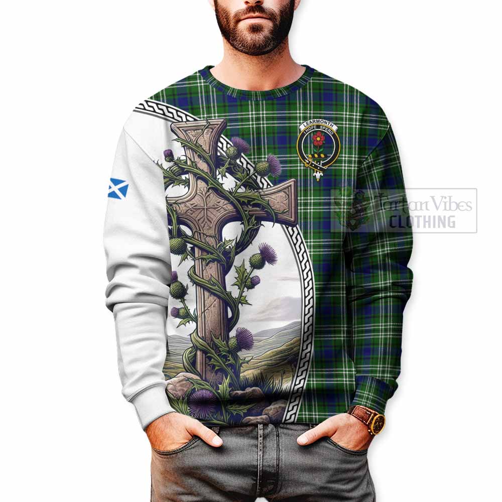 Tartan Vibes Clothing Learmonth Tartan Sweatshirt with Family Crest and St. Andrew's Cross Accented by Thistle Vines