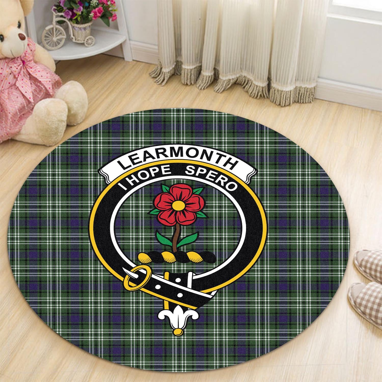 learmonth-tartan-round-rug-with-family-crest